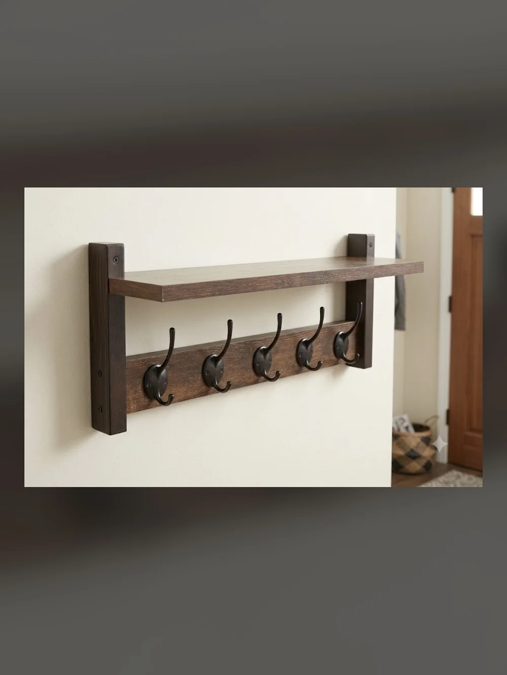 Wood Wall Shelf with 5 Hooks - Brown